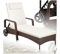 tectake® Lettino Prendisole in Rattan, Robusto, Resistente ai Raggi UV | Schienale Regolabile in 6 Posizioni, Cuscino Rimovibile, con Ruote, 200x70x33 cm, Capacità di Carico 150 kg, Marrone misto