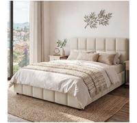 tectake® Letto Matrimoniale Imbottito 140x200 cm, Letto e Rete a Doghe, Struttura in Legno e Acciaio, Portata 250 kg, Piedini in Plastica, Materasso Matrimoniale non incluso - Effetto Velluto Sabbia