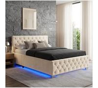 tectake® Letto Matrimoniale Imbottito con Rete a Doghe 120x200 cm, Letto Contenitore Matrimoniale e Illuminazione LED, Struttura in Acciaio, Velluto Trapuntato Chesterfield, con Telecomando - Sabbia