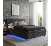 tectake® Letto Matrimoniale Imbottito con Rete a Doghe 180x200 cm, Letto Contenitore Matrimoniale e Illuminazione LED, Struttura in Acciaio, Velluto Trapuntato Chesterfield, con Telecomando - Nero