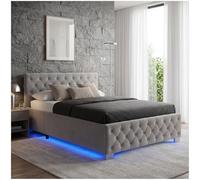 tectake® Letto Matrimoniale Imbottito con Rete a Doghe, Letto Contenitore Matrimoniale e Illuminazione LED, Struttura in Acciaio, Velluto Trapuntato Chesterfield, con Telecomando, 140x200 cm - Grigio