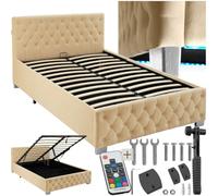 TecTake® Letto Matrimoniale Imbottito con Rete a Doghe, Letto Contenitore Matrimoniale e Illuminazione LED, Struttura in Acciaio, Velluto Trapuntato Chesterfield, con Telecomando, 120x200 cm - Beige