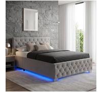 tectake® Letto Matrimoniale Imbottito con Rete a Doghe, Letto Contenitore Matrimoniale e Illuminazione LED, Struttura in Acciaio, Velluto Trapuntato Chesterfield, con Telecomando, 120x200 cm - Grigio
