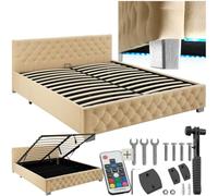TecTake® Letto Matrimoniale Imbottito con Rete a Doghe, Letto Contenitore Matrimoniale e Illuminazione LED, Struttura in Acciaio, Velluto Trapuntato Chesterfield, con Telecomando, 180x200 cm - Beige