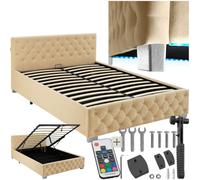 TecTake® Letto Matrimoniale Imbottito con Rete a Doghe, Letto Contenitore Matrimoniale e Illuminazione LED, Struttura in Acciaio, Velluto Trapuntato Chesterfield, con Telecomando, 140x200 cm - Beige