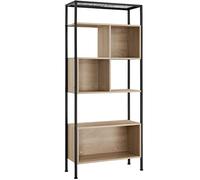 Scaffalatura alta libreria 5 ripiani 3 scomparti a muro legno metallo industrial