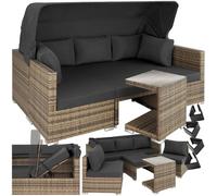 tectake® Lounge in Rattan, Resistente ai Raggi UV, Divano con Parasole Ripiegabile, Telaio in Alluminio, Schienale Regolabile, Tavolino da Giardino, Componibile, Cuscini per Esterno - Naturale