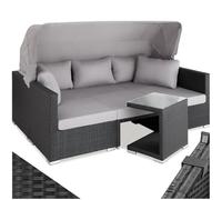 tectake® Lounge in Rattan, Resistente ai Raggi UV, Divano con Parasole Ripiegabile, Telaio in Alluminio, Schienale Regolabile, Tavolino da Giardino, Componibile, Cuscini per Esterno - Nero