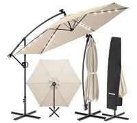 tectake® Ombrellone da Giardino 3,5x3,5 m, Ombrellone a Braccio Girevole 360°, Strisce Led Energia Solare, Protezione UV 50+, Idrorepellente, Inclinabile, Base in Acciaio a Croce, Manovella - Beige