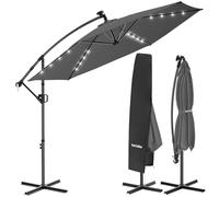 tectake® Ombrellone da Giardino 3x3 m, Ombrellone a Braccio Girevole 360° con Strisce Led a Energia Solare, Protezione UV 50+, Idrorepellente, Inclinabile, Base in Acciaio a Croce, Manovella - Grigio