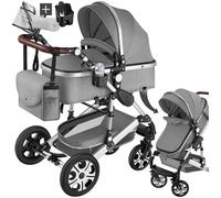 tectake® Passeggino Combinato Pieghevole, 2 in 1, Passeggino Leggero con Cintura a 5 Punti Regolabile, Freno a Pedale, Tettuccio Parasole, Passeggino per Bambini da 0 a 3 Anni - Grigio