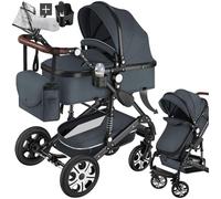 tectake® Passeggino Combinato Pieghevole, 2 in 1, Passeggino Leggero con Cintura a 5 Punti Regolabile, Tettuccio Parasole, Freno a Pedale, Passeggino per Bambini da 0 a 3 Anni - Antracite