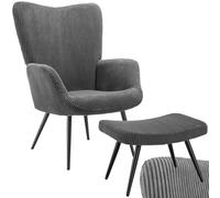 TecTake® Poltrona Imbottita, Poltrona Ergonomica con Schienale e Braccioli, Poltrona Camera da Letto, Poltrona Salotto Moderna, Carico Massimo 150 kg - con Pouf, Corda Larga, Antracite/Nero