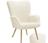 TecTake® Poltrona Imbottita, Poltrona Ergonomica con Schienale e Braccioli, Poltrona Camera da Letto, Poltrona Salotto Moderna, Carico Massimo 150 kg - senza Pouf, Bouclé, Crema/Dorato