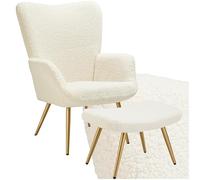 tectake® Poltrona Imbottita, Poltrona Ergonomica con Schienale e Braccioli, Poltrona Camera da Letto, Poltrona Salotto Moderna, Carico Massimo 150 kg - con Pouf, Bouclé, Crema/Dorato