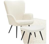 TecTake® Poltrona Imbottita, Poltrona Ergonomica con Schienale e Braccioli, Poltrona Camera da Letto, Poltrona Salotto Moderna, Carico Massimo 150 kg - con Pouf, Bouclé, Crema/Nero