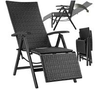TecTake® Poltrona Relax da Giardino Pieghevole, Resina Intrecciata e Alluminio, Regolabile con Poggiapiedi, Poltrona da Giardino, Sedia Relax, Sedia da Giardino, Sedie da Esterno - Nero