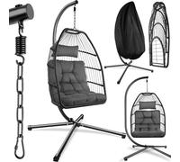 tectake® Poltrona Sospesa e Telaio, Cuscino e Poggiatesta Spessi, Max 160kg | 98 x 107 x 202 cm, Interni ed Esterni, Regolabile in Altezza, Custodia Protettiva Inclusa, Pieghevole, Vimini, Grigio Scuro