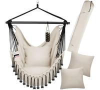 tectake® Poltrona Sospesa Malika, Stile Bohemien, Tessuto Misto Cotone-Poliestere Traspirante, Cuscini Extra Spessi, Scomparto per Libri, Appoggio per Bibite Regolabile, Carico Massimo 150kg - Beige