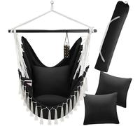 tectake® Poltrona Sospesa Malika, Stile Bohemien, Tessuto Misto Cotone-Poliestere Traspirante, Cuscini Extra Spessi, Scomparto per Libri, Appoggio per Bibite Regolabile, Carico Massimo 150kg - Nero
