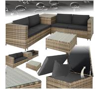 TecTake® Salottino in Rattan, 2 Divani per esterno con Cuscini, 1 Tavolo con Piano in Vetro, 1 Contenitore di Custodia, Salotto da Giardino Esterno, Salottino da Esterno - Naturale/Grigio