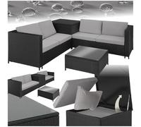 TecTake® Salottino in Rattan, 2 Divani per esterno con Cuscini, 1 Tavolo con Piano in Vetro, 1 Contenitore di Custodia, Salotto da Giardino Esterno, Salottino da Esterno - Nero/Grigio