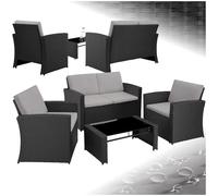 TecTake® Salottino in Rattan, 2 Poltrone, Divano, Tavolo Piano in Vetro Rimovibile, Cuscini Comodi, Viti in Acciaio Inox, Salottino da Giardino Esterno, Salotto Esterno - Nero/Grigio