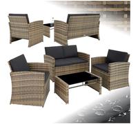 TecTake® Salottino in Rattan, 2 Poltrone, Divano, Tavolo Piano in Vetro Rimovibile, Cuscini Comodi, Viti in Acciaio Inox, Salottino da Giardino Esterno, Salotto Esterno - Naturale/grigio Scuro