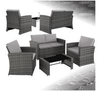 TecTake® Salottino in Rattan, 2 Poltrone, Divano, Tavolo Piano in Vetro Rimovibile, Cuscini Comodi, Viti in Acciaio Inox, Salottino da Giardino Esterno, Salotto Esterno - Grigio/Grigio Chiaro
