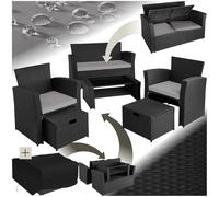 TecTake® Salottino in Rattan Modena, Telaio in Acciaio, Tavolino Salotto con Piano in Vetro, Divano, Poltrone, Morbidi Cuscini, Involucro Protettivo Incluso - Nero/Grigio