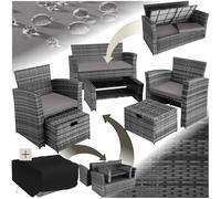 TecTake® Salottino in Rattan Modena, Telaio in Acciaio, Tavolino Salotto con Piano in Vetro, Divano, Poltrone, Morbidi Cuscini, Involucro Protettivo Incluso - Grigio