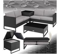 tectake® Salottino in Rattan Ostuni, Set da Giardino con 2 Sofà e 1 Tavolo con Lastra in Vetro, Box Contenitore, Cuscini Spessi, Telaio in Acciaio, Intreccio in Polyrattan - Nero