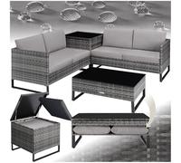 TecTake® Salottino in Rattan Ostuni, Set da Giardino con 2 Sofà e 1 Tavolo con Lastra in Vetro, Box Contenitore, Cuscini Spessi, Telaio in Acciaio, Intreccio in Polyrattan - Grigio