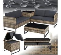 TecTake® Salottino in Rattan Ostuni, Set da Giardino con 2 Sofà e 1 Tavolo con Lastra in Vetro, Box Contenitore, Cuscini Spessi, Telaio in Acciaio, Intreccio in Polyrattan - Naturale