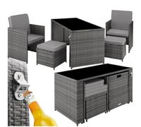 TecTake® Salottino in Rattan Palermo, Set Sedie con Cuscini, Tavolino Salotto con Lastra in Vetro, Design Funzionale, Imbottitura Idrorepellente, Resistente ai Raggi UV - Grigio