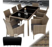 tectake® Salottino in Rattan, Resistente alle Intemperie, per 8 Persone | Poltrone con Braccioli, Imbottitura Morbida, Copertura Protettiva Inclusa, 3 Lastre di Vetro Sicurezza, Naturale/Grigio Scuro