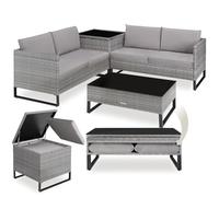 tectake® Salottino in Rattan, Set da Giardino con 2 Sofà e Tavolo con Lastra in Vetro, Box Contenitore, Cuscini Spessi, Telaio in Acciaio, Intreccio in Polyrattan, Set Di Mobili da Giardino - Nero