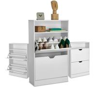 TecTake® Scarpiera Moderna con 2 Cassetti a Ribalta, 4 Ripiani per 12 Paia di Scarpe, Elemento a Scaffale Aperto, Maniglie Incassate, Ripiani Smontabili, Protezione Antiribaltamento - Bianco