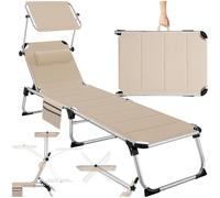 tectake® Sdraio da Mare, Sdraio da Spiaggia Pieghevole con Parasole, Sedia da Giardino, Schienale Regolabile 6 Posizioni, Telaio in alluminio, Cuscino Poggiatesta Removibile e Tasca Laterale - Beige