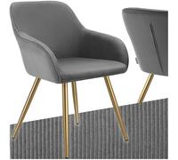 TecTake® Sedia Velluto a Coste con Braccioli, Sedia Sala da Pranzo con Gambe in Acciaio, Comoda Poltrona Salotto con Imbottitura Schiuma ad Alta Densità, Poltrona Antiscivolo - Grigio/Oro