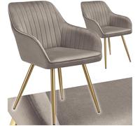 TecTake® Sedie da Pranzo Effetto Velluto Trapuntato, Elegante, Imbottitura Schiuma Alta Densità, Gambe in Acciaio, Montaggio Semplice - Tortora/Oro, 2 Sedie