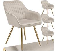 tectake® Sedie da Pranzo Effetto Velluto Trapuntato, Elegante, Imbottitura Schiuma Alta Densità, Gambe in Acciaio, Montaggio Semplice - Tortora/Oro, 4 Sedie