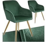tectake® Set 2 Sedie Imbottite e Braccioli, Effetto Velluto, Portata 120 kg | Schienale Ergonomico, Piedi Dorati, Cappucci Antigraffio, Seduta Alta 47 cm, 58 x 62 x 82 cm, Peso 5, 9 kg, Verde Scuro/Oro