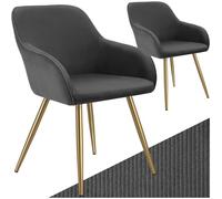 TecTake® Set 2 Sedie Velluto a Coste con Braccioli, Sedia Sala da Pranzo con Gambe in Acciaio, Comoda Poltrona Salotto con Imbottitura Schiuma ad Alta Densità, Poltrona Antiscivolo - Antracite/Oro