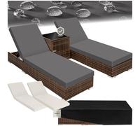 TecTake® Set 2 x Lettino Alluminio, Poly Rattan, Lettini Prendisole, Lettini da Giardino, Tavolo Giardino, Sdraio Prendisole, Sedia, Involucro Protettivo, 2 Federe - Nero/Marrone