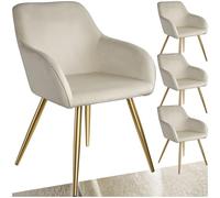 tectake® Set 4 Sedie Imbottite e Braccioli, Effetto Velluto, Portata 120 kg | Schienale Ergonomico, Piedi Dorati, Cappucci Antigraffio, Seduta Alta 47 cm, 58 x 62 x 82 cm, Peso 5, 9 kg, Crema/Oro