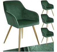 tectake® Set 4 Sedie Imbottite e Braccioli, Effetto Velluto, Portata 120 kg | Schienale Ergonomico, Piedi Dorati, Cappucci Antigraffio, Seduta Alta 47 cm, 58 x 62 x 82 cm, Peso 5, 9 kg, Verde Scuro/Oro