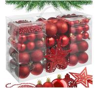 tectake® Set 84 Palline di Natale, Stella e Catena, Ø 3/4 / 6 cm, Decorazioni Natalizie, Addobbi Natalizi, Palle di Natale Resistenti, Opache, Lucide e Glitterate, Addobbi Albero - 84 pz - Rosso
