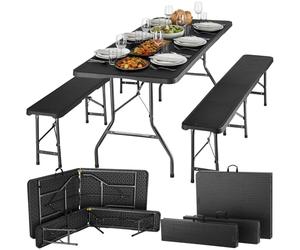tectake® Set Birreria, Tavolo Con Sedie, Pieghevole, 180x74x72 cm, Plastica | Set da Campeggio, Resistente, Cappucci Antigraffio, Maniglie da Trasporto Incluse, Effetto Rattan, Angoli Arrotondati, Nero