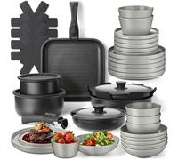 tectake® Set cucina per 6 persone 41 pezzi, stoviglie e pentole, 24 pcs tra piatti e ciotole, x microonde e lavastoviglie, 17 pcs tra padelle grill coperchi pentole manici removibili - Grigio/Nero